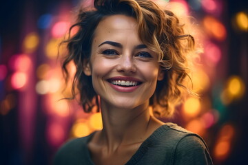 Portrait of a smiling happy confident mature woman with colorful defocused bokeh background