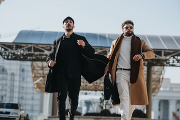 Two professional men in fashionable fall clothing move assertively. An essence of partnership and...