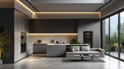 Fototapeta na wymiar Kitchen room with modern interior design with gray walls. Generative ai