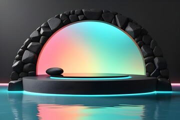 3d render, abstract futuristic background with black rocks, cobblestone platforms, neon arch frames and reflections in the water. Empty podium.