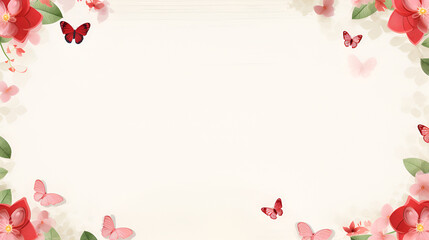 Spring background with blossom flowers and butterflies. Beautiful floral frame with space for your text.