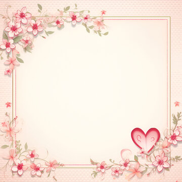 Vintage floral background with pink flowers and hearts. Beautiful floral frame with free space for your own design.