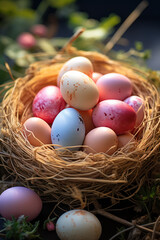 Fototapeta na wymiar Decorative colorful Easter eggs in nest with copy space