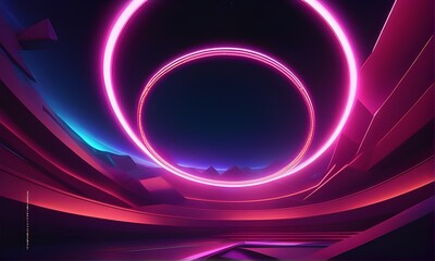 abstract cloud background illuminated with neon light rings in the dark night sky.