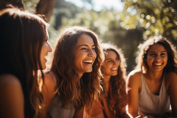 Group of young women laughing together outdoors in sunlight, ideal for friendship and lifestyle themes. - obrazy, fototapety, plakaty