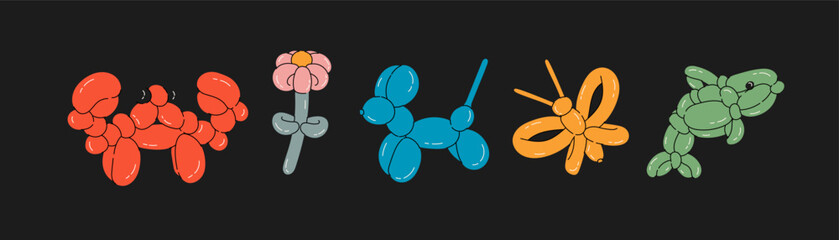 Set of balloon animals, crab, flower, dog, butterfly, dolphin. Birthday celebration party. Fancy abstract characters isolated vector. Colorful drawing of inflatable toys made of twisted balloons