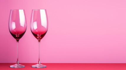 Two glasses of wine on pink background. Copy space.