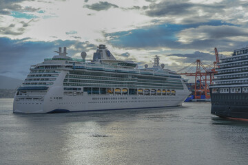 Family cruiseship cruise ship liner Serenade arrives to Vancouver, Canada from Alaska cruise