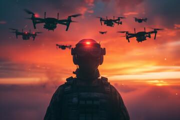 Silhouette of a drone warrior wearing goggles stands with a commanding posture as a swarm of drones hovers in the sky, against a vivid sunset backdrop. - obrazy, fototapety, plakaty