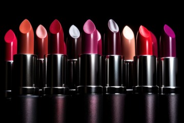 Obraz premium Lipsticks of different colors in a row on a black background