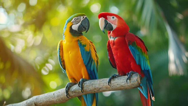 Colorful macaws and lorikeets perched on branches
