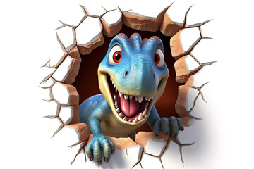 Fototapeta premium Majestic Blue Dinosaur Shatters White Wall in a Burst of Power