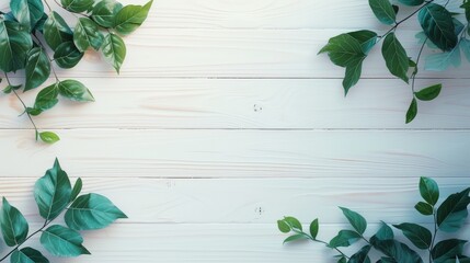 Flat Lay of Lush Leaves on White Wooden Surface with Open Space for Text or Logo
