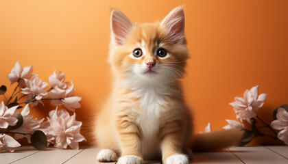 Fluffy kitten sitting, looking playful, charming, and curious indoors generated by AI