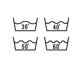 machine washing temperature icons 30 40 50 60°C simple flat minimal outline black white illustration vector design