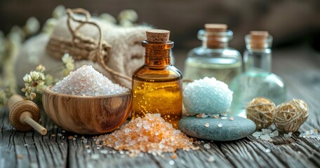 Fototapeta na wymiar Spa Essentials - A Serene Display of Massage Stones, Essential Oils, and Sea Salt on a Wooden Table