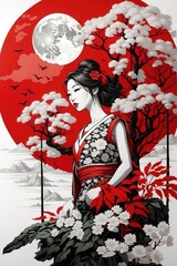 Fototapeta premium paintings with a Japanese cultural theme with red, white and black coloring 