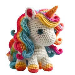 Knitted unicorn toy. Handmade unicorn toy isolated on transparent background.