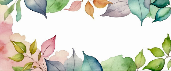 Border decorated with several leaves. Invitation or greeting card design. Illustration in watercolor style.