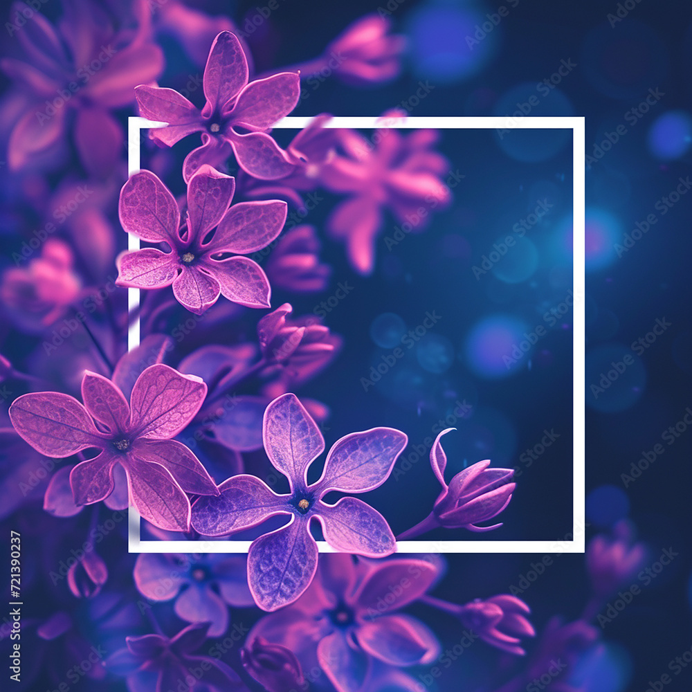 Poster purple flowers on a blue background with a white frame