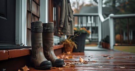 Obraz premium A Homely Pair of Boots and a Coat Adorning a Rural Porch