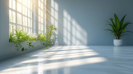Sunlit Indoor Plants and Fresh Foliage on White Window Sill with Open Space for Text or Logo
