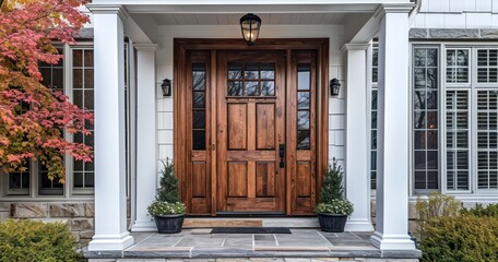 The Stately Main Entrance Door of a House, Complemented by a Gabled Porch and Elegant Columns