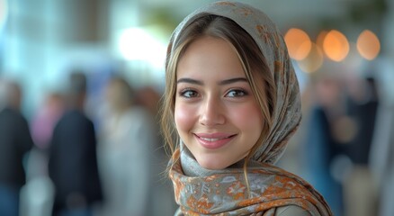 A radiant woman wearing a colorful scarf on her head smiles confidently, exuding grace and fashion in her outdoor portrait
