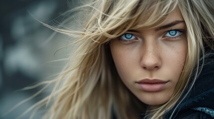 Blonde Girl with Long Blond Hair and Blue Eyes looks into Camera - Urban Edge Style with Black and Gray Selective Focus - Blonde Woman Background created with Generative AI Technology