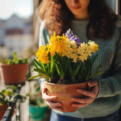 Woman Holding a Pot of Yellow Hyacinth on Balcony, Embracing Springtime Gardening Concept in the City.