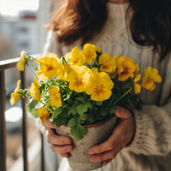 Woman Holding a Pot of Yellow Pansies on Balcony, Embracing Springtime Gardening Concept in the City.