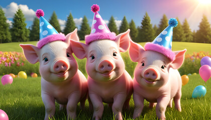 a group Pigs Celebrating With Colorful Balloons and Party Hats Under Blue Sky, international pig day