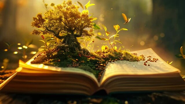 open fairy tale book with plants on it. video 4k