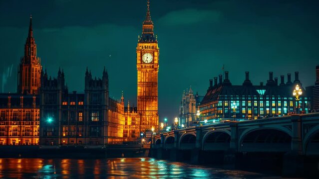 The illuminated Big Ben tower in London at night