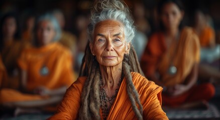 A serene woman in an orange robe gazes solemnly at the camera, her dreadlocks framing her human face as she stands in front of a temple, embodying the peaceful aura of a monk with her fan in hand - obrazy, fototapety, plakaty