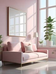 Mockup poster frame in light pink living room. Home interior design of modern living room
