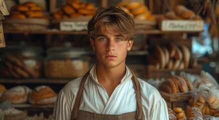 A person with a kind human face, wearing an apron and surrounded by freshly baked bread in a cozy bakery, prepares delicious snacks indoors