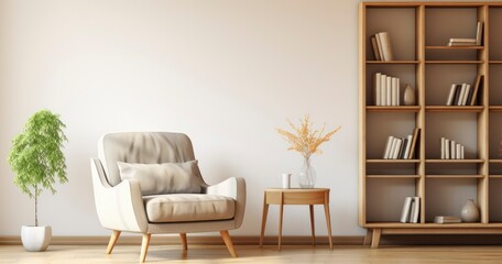 A Cozy Armchair and Wooden Cabinet Set Against a Bright, Clean Living Room Interior as a Perfect Home Design Template