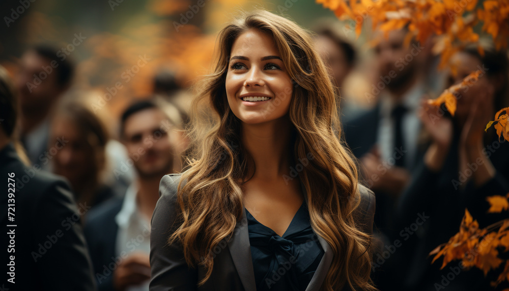 Wall mural Young women enjoying nature, smiling with confidence, looking at camera generated by AI