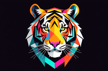tiger head in geometric style multi-colored on a black background.Looks into the frame