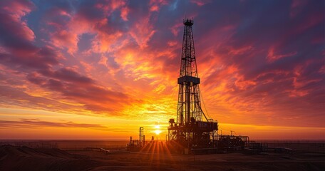 An Active Drilling Rig's Silhouette Emerging Beneath the Evening Glow