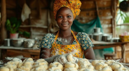 A vibrant woman, adorned in a sunny yellow apron and head wrap, stands confidently amidst the bustling market, exuding warmth and charm as she prepares delicious food for her customers both indoors a