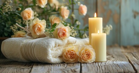 A Harmonious Blend of Relaxing Aromas, Fresh Blooms, and Luxurious Towels on a Rustic Wooden Surface
