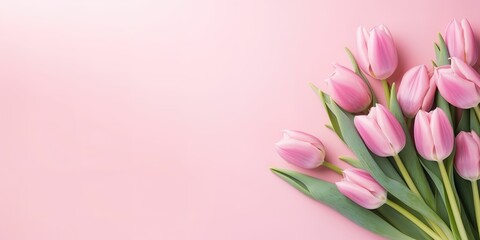 Beautiful composition spring flowers. Bouquet of pink tulips flowers on pastel pink background