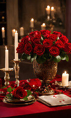Candles are lit on a table with a red table cloth, romantic ambiente, decorative roses