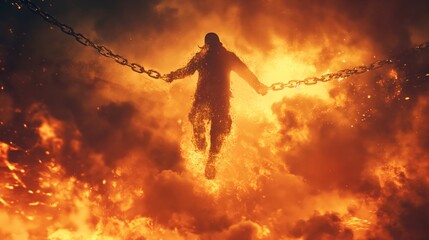 Fiery Escape: A Silhouetted Figure Breaks Free Amidst Flames and Smoke