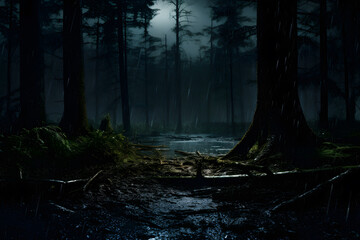 Rainy forest night wide shot cinematic style - obrazy, fototapety, plakaty