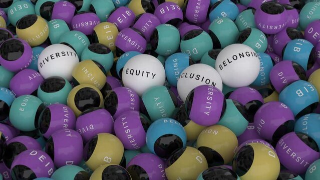 DEIB Diversity Equity Inclusion Belonging 4 white balls with text D.E.I.B. on colored balls background.