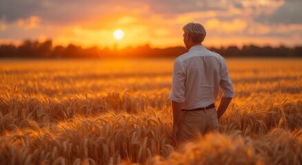 Naklejka na ściany i meble A lone farmer stands tall among the golden wheat, his clothing blending with the prairie as the sun sets on another successful harvest