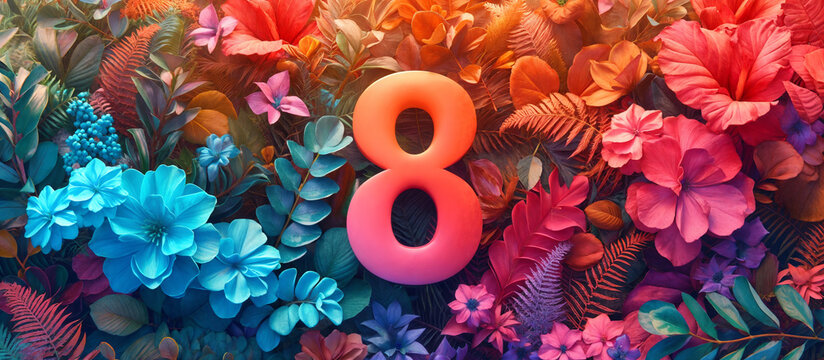 Happy Womens Day. Floral card for March 8th. Pink number 8 on a carpet of flowers with color transition. Generative AI